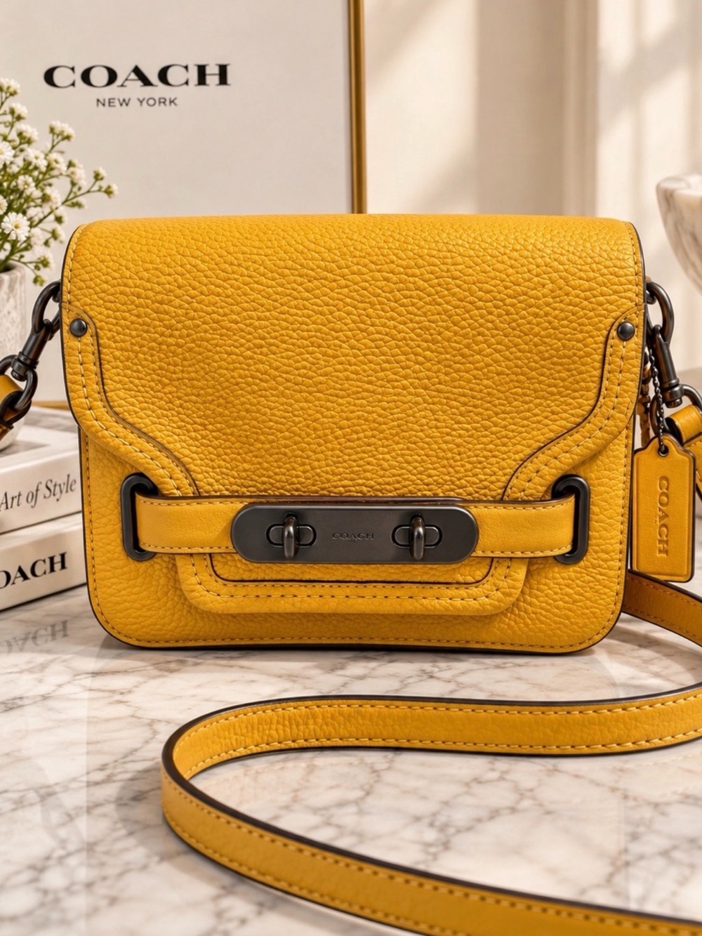 Coach Swagger Mustard Yellow Pebbled Leather Crossbody Bag